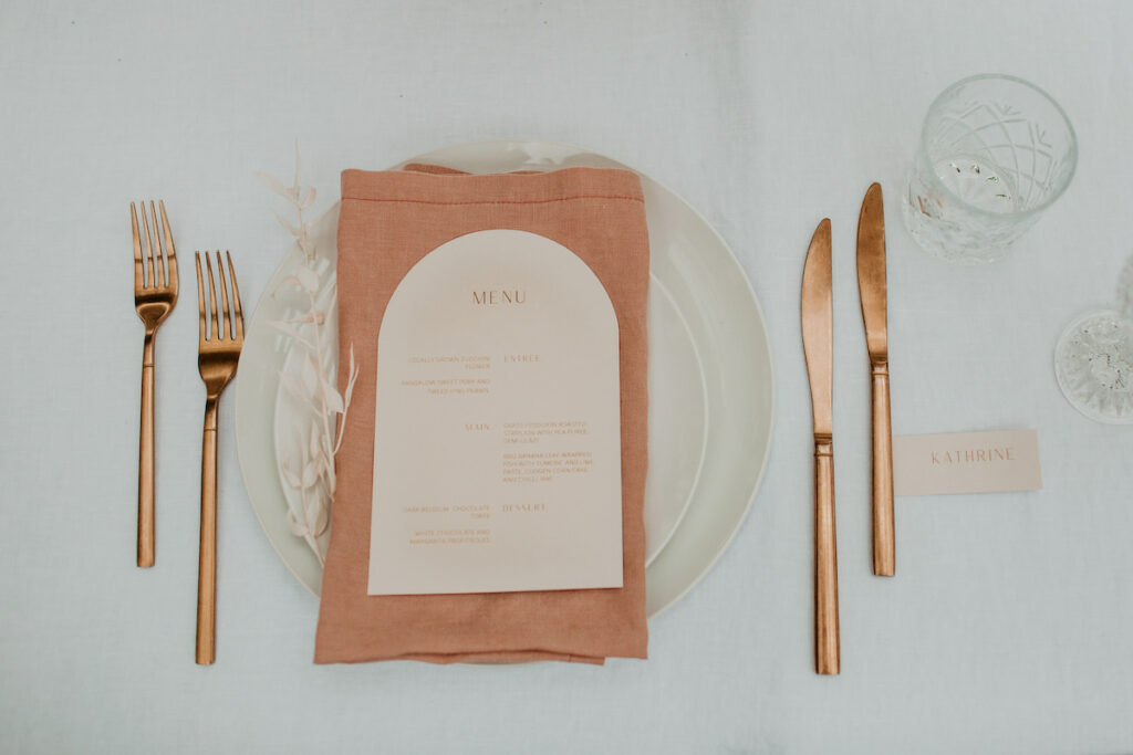 Table Styling with Linen Napkin and Copper Cutlery